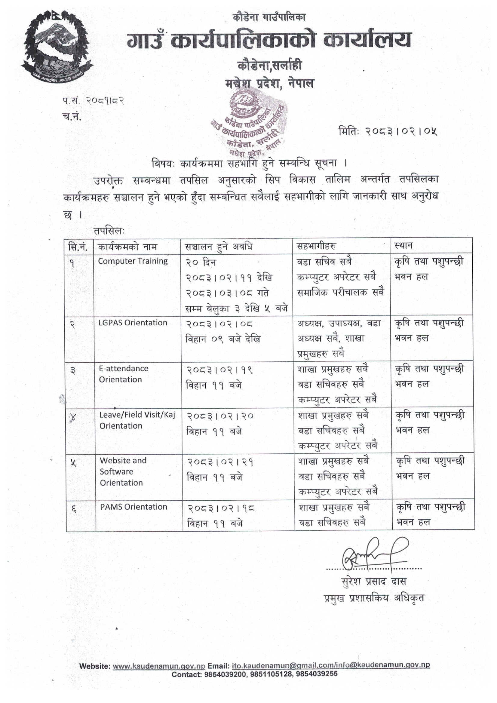 तालिममा सहभागि हुने सम्बन्धमा ।